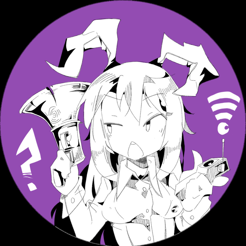 1girl ? animal_ears antennae breasts collared_shirt confused formal gun hatching_(texture) lcz monochrome moon moon_(ornament) purple_background rabbit_ears rabbit_girl radio reisen_udongein_inaba shirt simple_background suit tight touhou weapon wifi_symbol