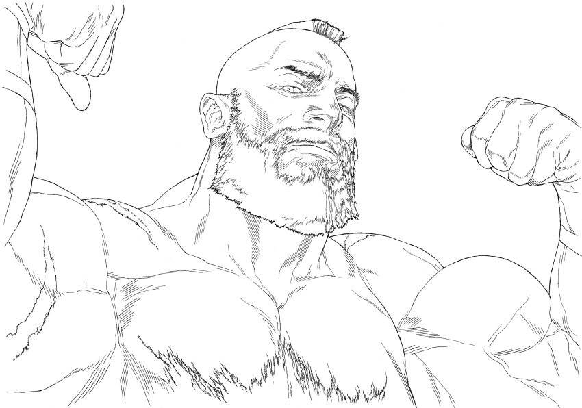 1boy absurdres beard chest_hair facial_hair graphite_(medium) greyscale highres large_pectorals male_focus mature_male monochrome muscular muscular_male mustache pectorals scar scar_on_arm simple_background street_fighter topless_male traditional_media white_background yoshihara_motoki zangief