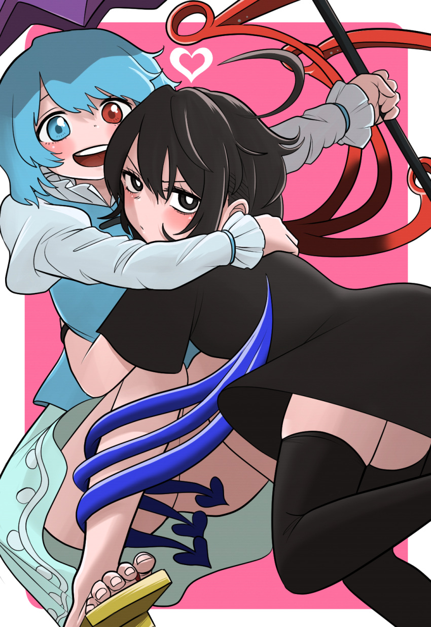 2girls alternate_eye_color asymmetrical_wings bangs black_dress black_eyes black_hair black_legwear blue_eyes blue_hair blue_skirt blue_vest blue_wings blush bright_pupils closed_mouth commentary_request dress feet_out_of_frame geta hair_between_eyes heart heterochromia highres holding holding_umbrella houjuu_nue hug juliet_sleeves long_sleeves looking_at_viewer multiple_girls open_mouth pink_background pointy_ears puffy_sleeves red_eyes red_wings samu_(celery18) shirt short_dress short_hair short_sleeves skirt smile tatara_kogasa teeth thigh-highs touhou umbrella upper_teeth vest white_background white_pupils white_shirt wings