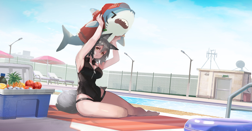 1girl animal_ears apple arknights black_swimsuit chinese_commentary commentary_request cooler food fruit grey_hair highres holding holding_stuffed_toy hood hooded_jacket huai_chuan innertube jacket long_hair official_alternate_costume one-piece_swimsuit open_clothes open_jacket outdoors pineapple pool projekt_red_(arknights) projekt_red_(light_breeze)_(arknights) red_jacket sideways_glance sitting sky solo stuffed_animal stuffed_shark stuffed_toy swimsuit tail thigh_strap thighs v-shaped_eyebrows wolf_ears wolf_girl wolf_tail yellow_eyes yokozuwari