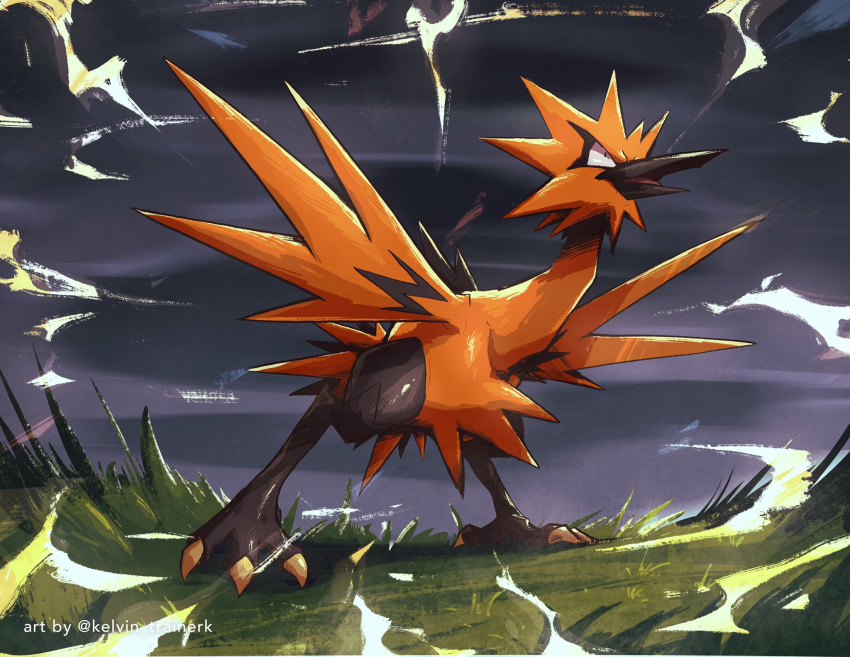 bird commentary dark_sky electricity english_commentary galarian_zapdos grass highres kelvin-trainerk legs_apart no_humans open_mouth pokemon pokemon_(creature) solo standing tongue twitter_username