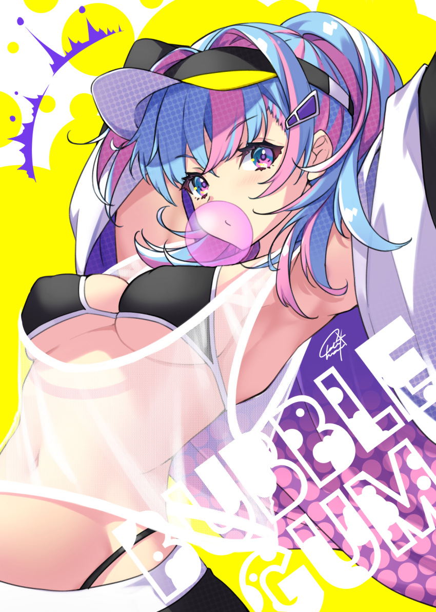 1girl armpits arms_up bikini black_bikini blue_eyes blue_hair breasts bubble_blowing chewing_gum covered_nipples crop_top crop_top_overhang hair_ornament hairclip highleg highres jacket long_hair long_sleeves looking_at_viewer medium_breasts midriff multicolored_hair navel off_shoulder open_clothes open_jacket original pink_hair ponytail revealing_clothes see-through shirt sleeveless sleeveless_shirt solo stomach string_bikini swimsuit two-tone_hair upper_body visor_cap white_jacket white_shirt yaki_mayu