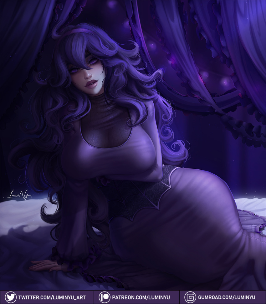 1girl @_@ ahoge alternate_breast_size bangs blush breasts dress eyeshadow hair_between_eyes hairband hex_maniac_(pokemon) highres large_breasts lips long_dress long_hair looking_at_viewer luminyu makeup messy_hair nose pokemon purple_hair purple_hairband solo turtleneck violet_eyes