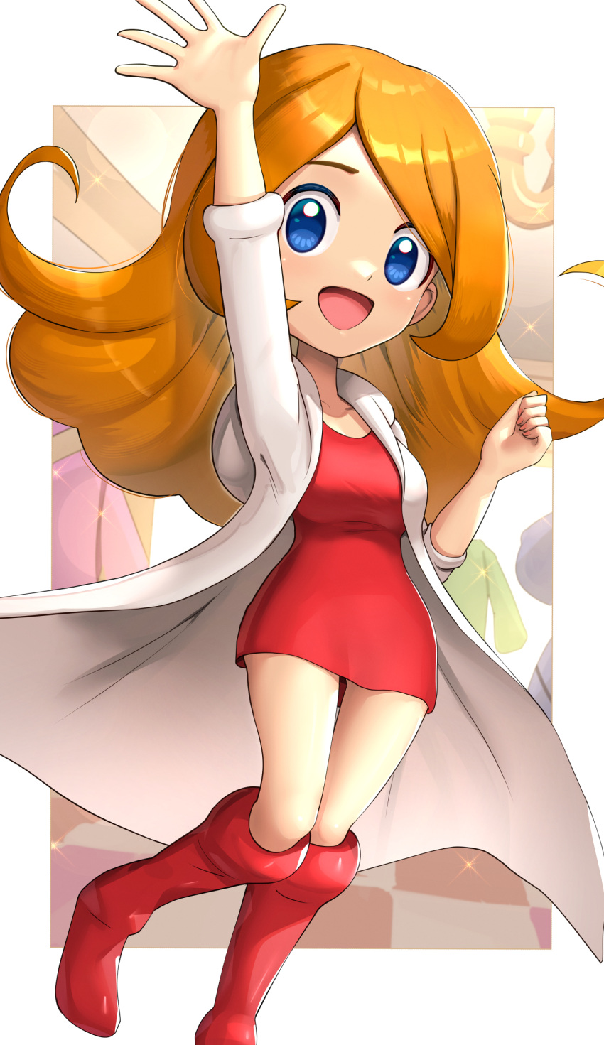 1girl :d absurdres arm_up bangs blue_eyes blush boots breasts coat collarbone commentary commentary_request contrapposto dress full_body gonzarez happy highres labcoat long_hair looking_at_viewer medium_breasts mona_(warioware) open_clothes open_mouth orange_hair red_dress red_footwear short_dress smile solo sparkle warioware waving_arm white_coat