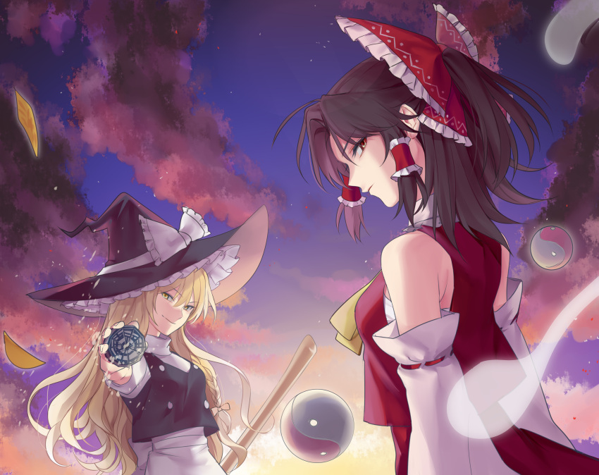 2girls absurdres apron arm_up ascot bangs black_headwear black_vest blonde_hair bow breasts brown_eyes brown_hair clouds cloudy_sky crimsonknigh_t detached_sleeves evening frilled_bow frills hair_bow hair_tubes hakurei_reimu hat hat_bow highres hitodama kirisame_marisa large_breasts leaf long_hair long_sleeves looking_at_viewer mini-hakkero multiple_girls nontraditional_miko orb ponytail puffy_short_sleeves puffy_sleeves red_bow ribbon sarashi shirt short_hair short_sleeves sideways_glance sky smile standing touhou turtleneck upper_body vest waist_apron white_apron white_bow white_ribbon white_shirt yellow_eyes yellow_neckwear yin_yang yin_yang_orb