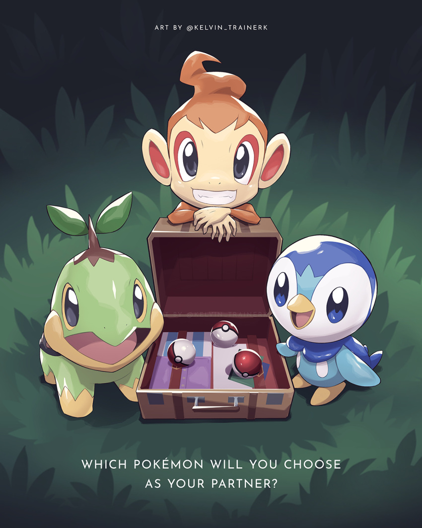 blue_eyes briefcase chimchar commentary english_commentary english_text grass grey_eyes grin highres kelvin-trainerk no_humans open_mouth own_hands_together piplup poke_ball poke_ball_(basic) pokemon pokemon_(creature) smile standing starter_pokemon_trio teeth tongue turtwig twitter_username