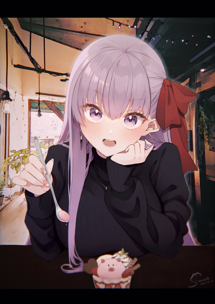 1girl alternate_costume bangs bb_(fate) bb_(fate/extra) black_sweater blush breasts casual commentary_request eyebrows_visible_through_hair fate/extra fate/extra_ccc fate/grand_order fate_(series) fingernails food hair_between_eyes hair_ribbon head_rest highres holding holding_spoon ice_cream indoors jewelry large_breasts long_hair long_sleeves looking_at_viewer necklace open_mouth purple_hair red_ribbon ribbed_sweater ribbon signature solo spoon suna_co sweater table tongue turtleneck turtleneck_sweater upper_body violet_eyes