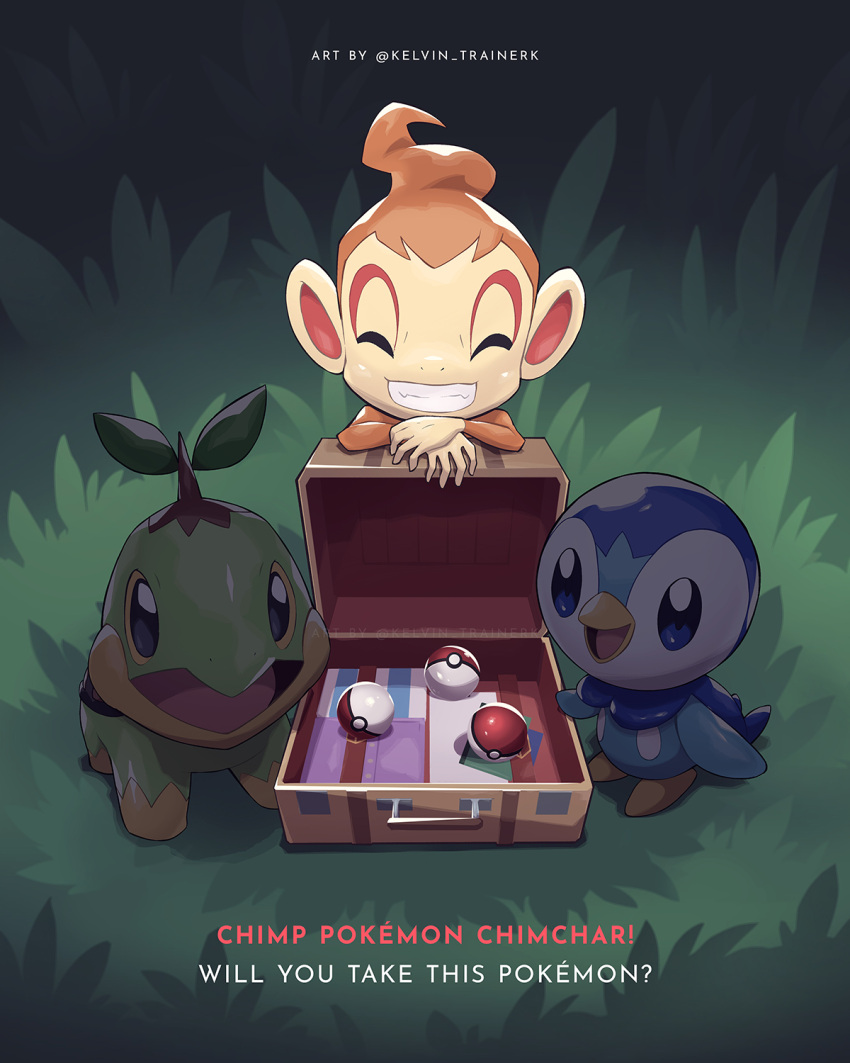 blue_eyes briefcase chimchar closed_eyes commentary english_commentary english_text grass grin highres kelvin-trainerk no_humans open_mouth own_hands_together piplup poke_ball poke_ball_(basic) pokemon pokemon_(creature) smile standing starter_pokemon_trio teeth tongue turtwig twitter_username