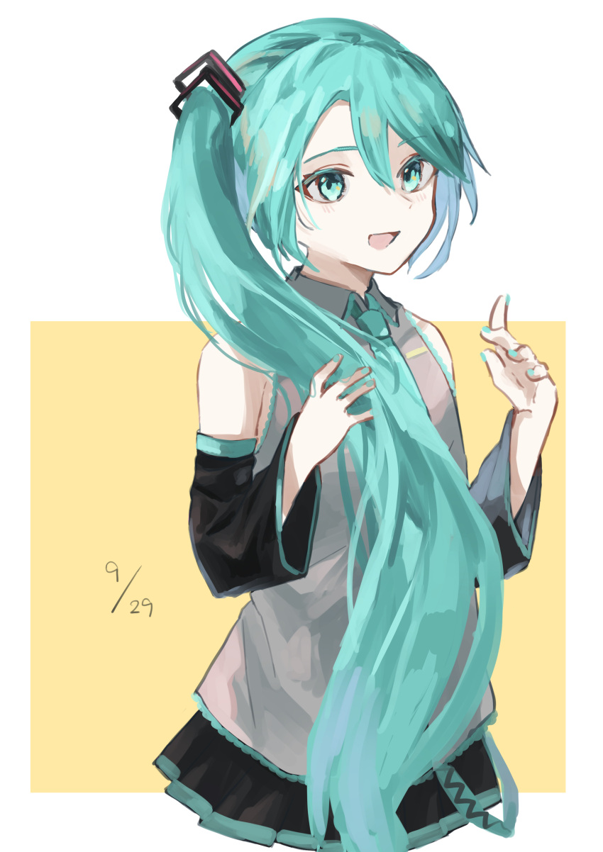 1girl absurdres alternate_hairstyle aqua_eyes aqua_hair aqua_nails aqua_necktie aqua_neckwear bare_shoulders black_skirt border cc_rock collared_shirt cropped_torso dated detached_sleeves eyebrows_visible_through_hair fingernails flat_chest grey_shirt hair_between_eyes hand_in_hair hatsune_miku high_ponytail highres light_blush necktie open_mouth pleated_skirt shirt short_hair side_ponytail skirt sleeveless sleeveless_shirt smile solo square two-tone_background very_short_hair vocaloid white_border yellow_background