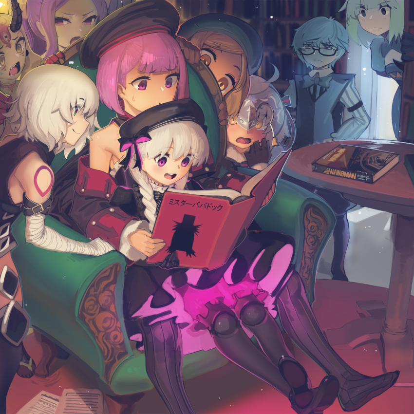 1boy 6+girls ahoge armband atalanta_(fate) bandaged_arm bandages bangs bare_shoulders bell beret black_coat black_dress black_headwear black_legwear black_vest blonde_hair blue_bowtie blue_eyes blue_hair blush boa_(brianoa) book bookshelf bow bowtie braid breasts buckle chair coat cropped_vest detached_collar doll_joints dress eyebrows_visible_through_hair facial_mark fang fate/apocrypha fate/extra fate/grand_order fate_(series) forehead forehead_mark frills glasses gradient_hair green_eyes green_hair green_headwear grey_hair hair_between_eyes hair_bow hair_pulled_back hands_on_hips hans_christian_andersen_(fate) happy hat headpiece helena_blavatsky_(fate) highres horns ibaraki_douji_(fate) jack_the_ripper_(fate/apocrypha) jeanne_d'arc_(fate) jeanne_d'arc_alter_santa_lily_(fate) jingle_bell joints long_hair long_sleeves looking_at_another looking_at_viewer multicolored_hair multiple_girls navel nursery_rhyme_(fate) off_shoulder oni oni_horns open_mouth parted_bangs paul_bunyan_(fate) ponytail puffy_short_sleeves puffy_sleeves purple_hair reading ribbon scar scar_across_eye scar_on_cheek scar_on_face short_dress short_hair short_sleeves shoulder_tattoo sidelocks silver_hair sitting sitting_on_lap sitting_on_person small_breasts smile striped striped_bow striped_ribbon sweatdrop table tattoo thigh-highs thighs tongue translation_request twin_braids very_long_hair vest violet_eyes white_hair wu_zetian_(fate) yellow_eyes