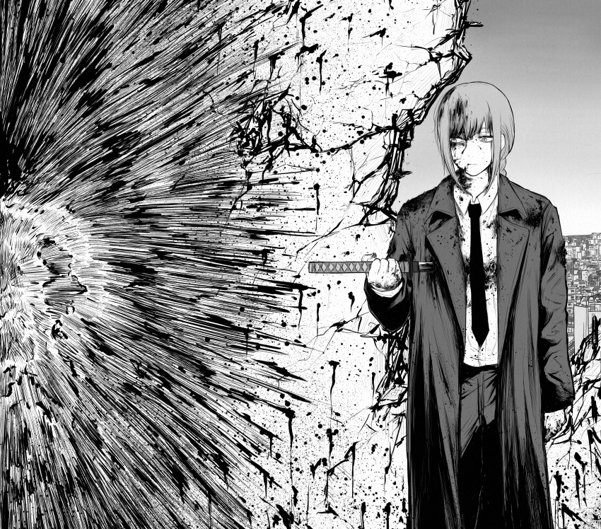 1girl absurdres bangs blood blood_on_clothes blood_on_face blood_on_hands blood_on_wall blood_on_weapon blood_splatter braid braided_ponytail chainsaw_man closed_mouth coat collared_shirt commentary_request cracked_wall expressionless feet_out_of_frame formal greyscale highres holding holding_sword holding_weapon injury long_coat long_hair looking_to_the_side makima_(chainsaw_man) monochrome mumu_(0x3777) necktie office_lady pants shirt solo stab standing suit sword wall weapon