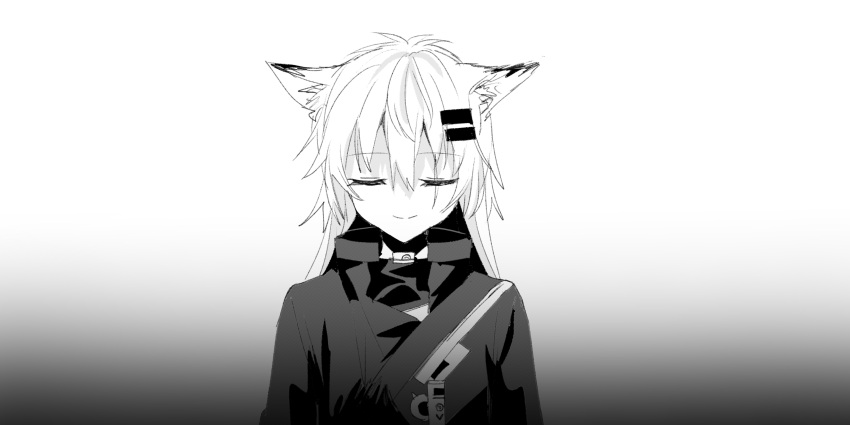 1girl absurdres animal_ear_fluff animal_ears arknights bangs black_background chihuri closed_eyes closed_mouth eyebrows_visible_through_hair facing_viewer gradient gradient_background greyscale hair_between_eyes hair_ornament hairclip highres jacket lappland_(arknights) long_hair monochrome scar scar_across_eye smile solo upper_body white_background