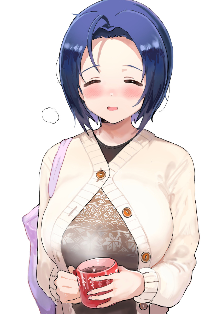 1girl :d =_= absurdres ahoge blush breasts coffee_mug cup dark_blue_hair forehead highres hitodama_(madatohi) holding holding_cup idolmaster idolmaster_(classic) idolmaster_million_live! jacket large_breasts miura_azusa mug partially_unbuttoned print_shirt shirt short_hair simple_background smile solo steam sweater_jacket tote_bag upper_body white_background
