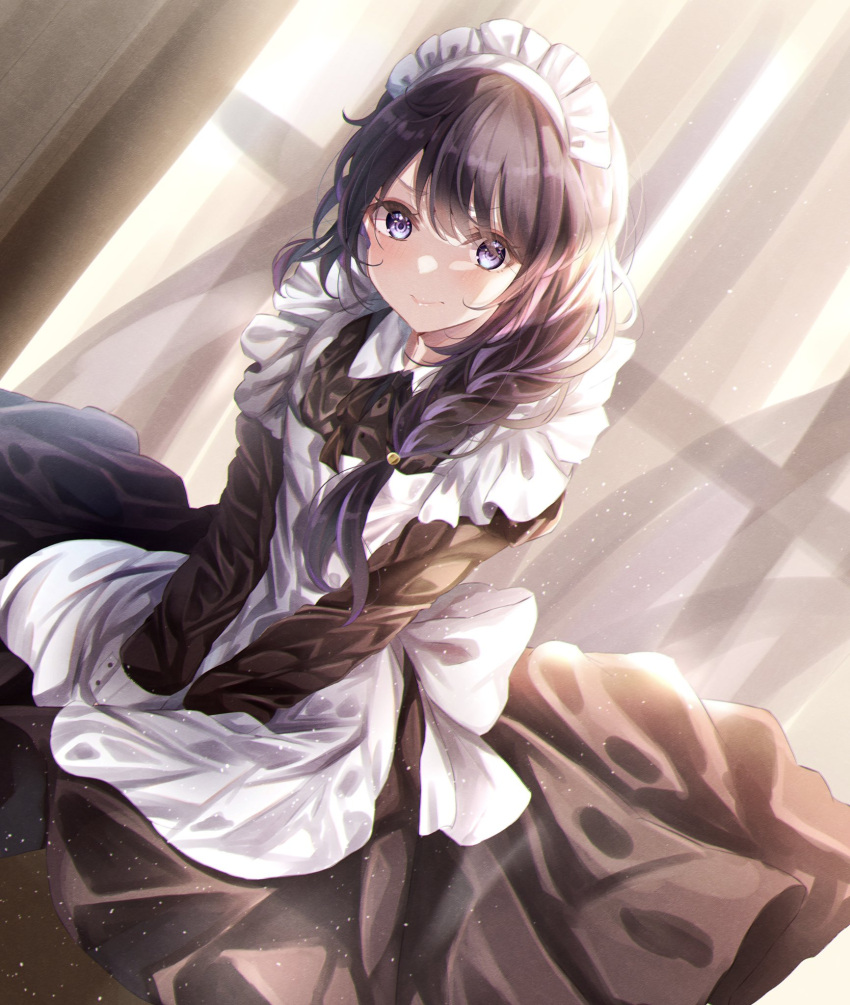 1girl apron black_dress black_hair braid cowboy_shot dress dutch_angle frilled_apron frills grey_eyes hair_over_shoulder highres long_hair looking_at_viewer maid maid_headdress original sa-ya2 single_braid smile solo white_apron window