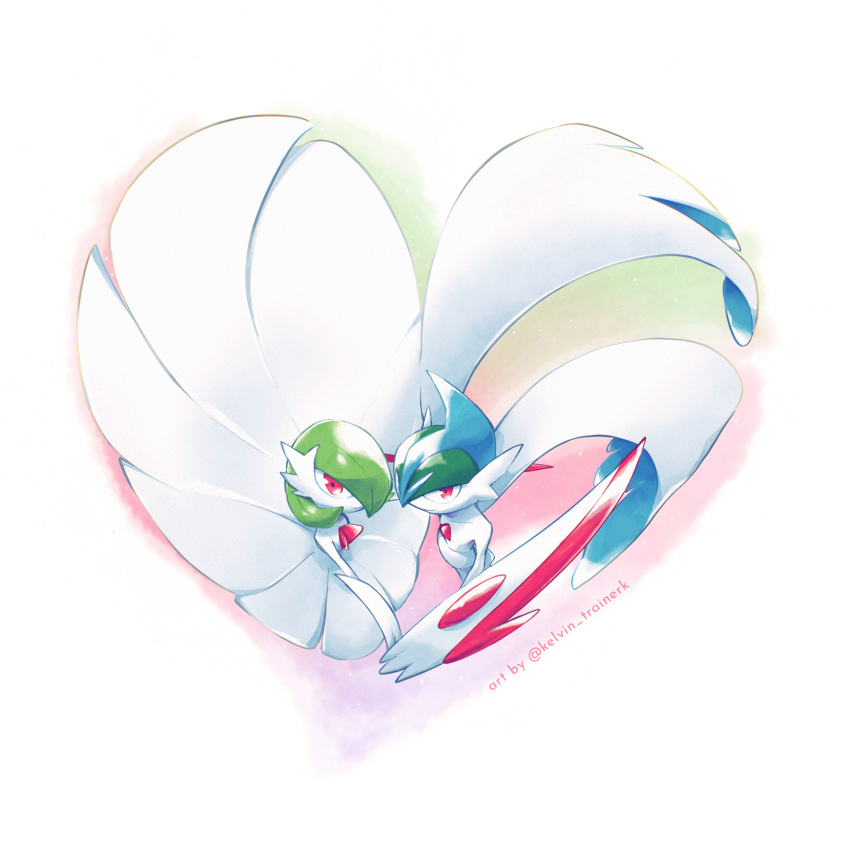 closed_mouth colored_skin commentary english_commentary from_above gallade gardevoir heart highres holding_hands kelvin-trainerk looking_at_viewer mega_gallade mega_gardevoir mega_pokemon pokemon pokemon_(creature) red_eyes smile twitter_username white_skin