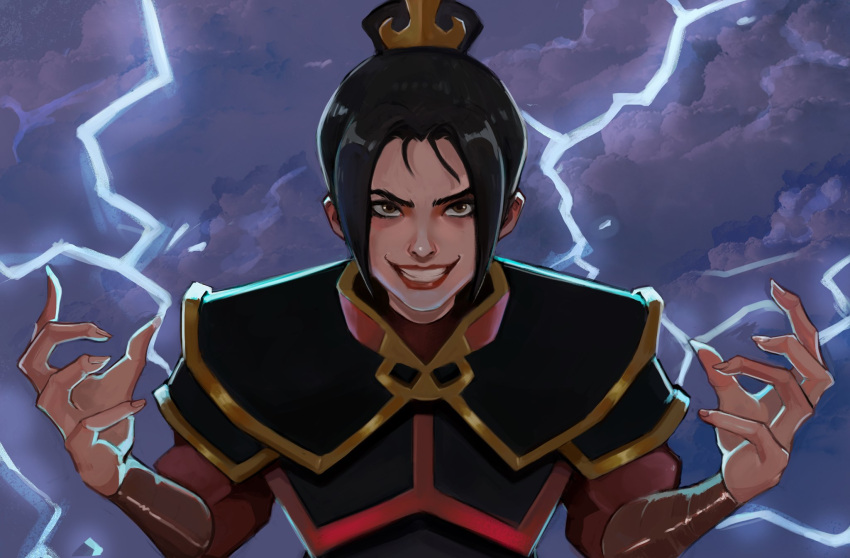 1girl :d armor avatar:_the_last_airbender avatar_(series) azula black_hair clouds cloudy_sky evil_grin evil_smile fingernails forehead grin hair_bun highres lips long_sleeves looking_at_viewer open_mouth outdoors saintcinder sky smile solo teeth thunder v-shaped_eyebrows yellow_eyes