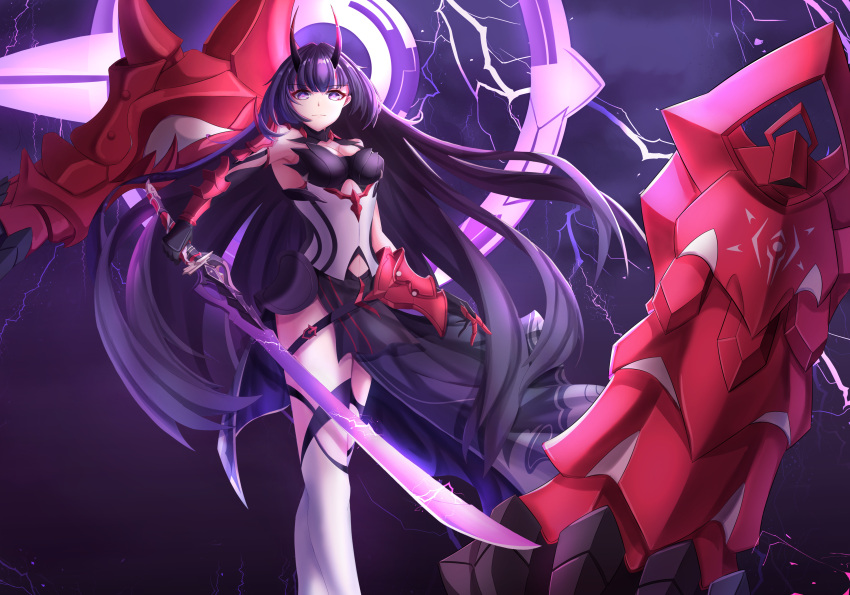 1girl absurdres armor bangs bare_shoulders black_gloves closed_mouth disembodied_limb electricity gauntlets gloves highres holding holding_sword holding_weapon honkai_(series) honkai_impact_3rd horns japanese_armor katana lanceralter1 long_hair looking_at_viewer purple_hair raiden_mei raiden_mei_(herrscher_of_thunder) single_gauntlet smile solo split_mouth sword thigh-highs violet_eyes weapon white_legwear