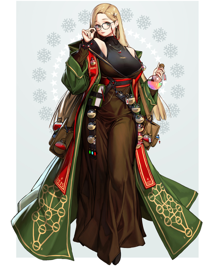 1girl blonde_hair book brown_skirt coat earrings flask full_body glasses glint green_coat green_eyes hair_ornament hand_up highres jewelry long_hair long_skirt long_sleeves looking_at_viewer necklace off_shoulder original parted_lips print_coat rinotuna skirt smile solo standing star_(symbol) star_earrings star_hair_ornament tree_of_life