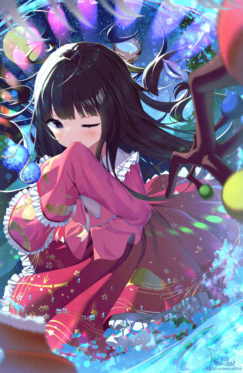 1girl ;) bamboo_print bangs black_eyes black_hair blush bow bowl branch commentary_request covering_mouth danmaku egasumi floating floating_hair floral_print frilled_shirt_collar frilled_skirt frilled_sleeves frills highres hime_cut houraisan_kaguya japanese_clothes jeweled_branch_of_hourai kiramarukou long_hair long_skirt long_sleeves looking_at_viewer night one_eye_closed pink_shirt red_skirt shawl shell shirt signature skirt sky sleeves_past_wrists smile solo star_(sky) starry_sky touhou twitter_username very_long_hair white_bow white_neckwear wide_sleeves