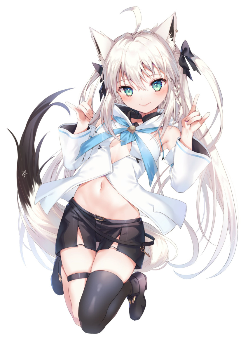 1girl absurdres ahoge animal_ear_fluff animal_ears arms_up bangs black_bow black_footwear black_legwear black_shorts blue_neckerchief blush boots bow braid breasts commentary_request dabi_(dabibubi) detached_sleeves double_fox_shadow_puppet earrings eyebrows_visible_through_hair fox_ears fox_girl fox_shadow_puppet fox_tail green_eyes hair_between_eyes hair_bow highres hololive hood hoodie jewelry key knees_together_feet_apart long_hair looking_at_viewer midriff navel neckerchief pentagram shirakami_fubuki short_shorts shorts sidelocks simple_background single_braid single_thighhigh small_breasts smile solo tail thigh-highs thigh_strap twintails virtual_youtuber white_background white_hair white_hoodie