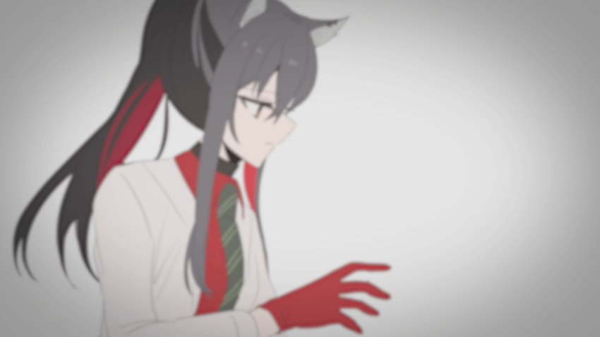 1girl animal_ear_fluff animal_ears arknights bangs black_hair black_neckwear blurry brown_eyes chihuri closed_mouth collared_shirt diagonal-striped_neckwear diagonal_stripes eyebrows_visible_through_hair gloves gradient gradient_background grey_background hair_between_eyes highres jacket long_hair long_sleeves looking_away multicolored_hair necktie open_clothes open_jacket ponytail red_gloves red_shirt redhead shirt simple_background solo striped striped_neckwear texas_(arknights) two-tone_hair upper_body white_jacket