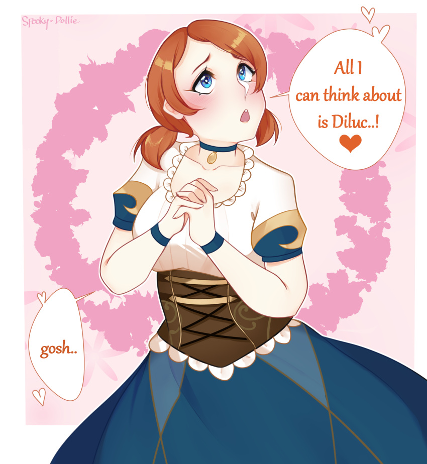 1girl absurdres blue_eyes blush corset dress genshin_impact highres looking_up md5_mismatch orange_hair own_hands_clasped own_hands_together short_twintails speech_bubble spooky-dollie twintails