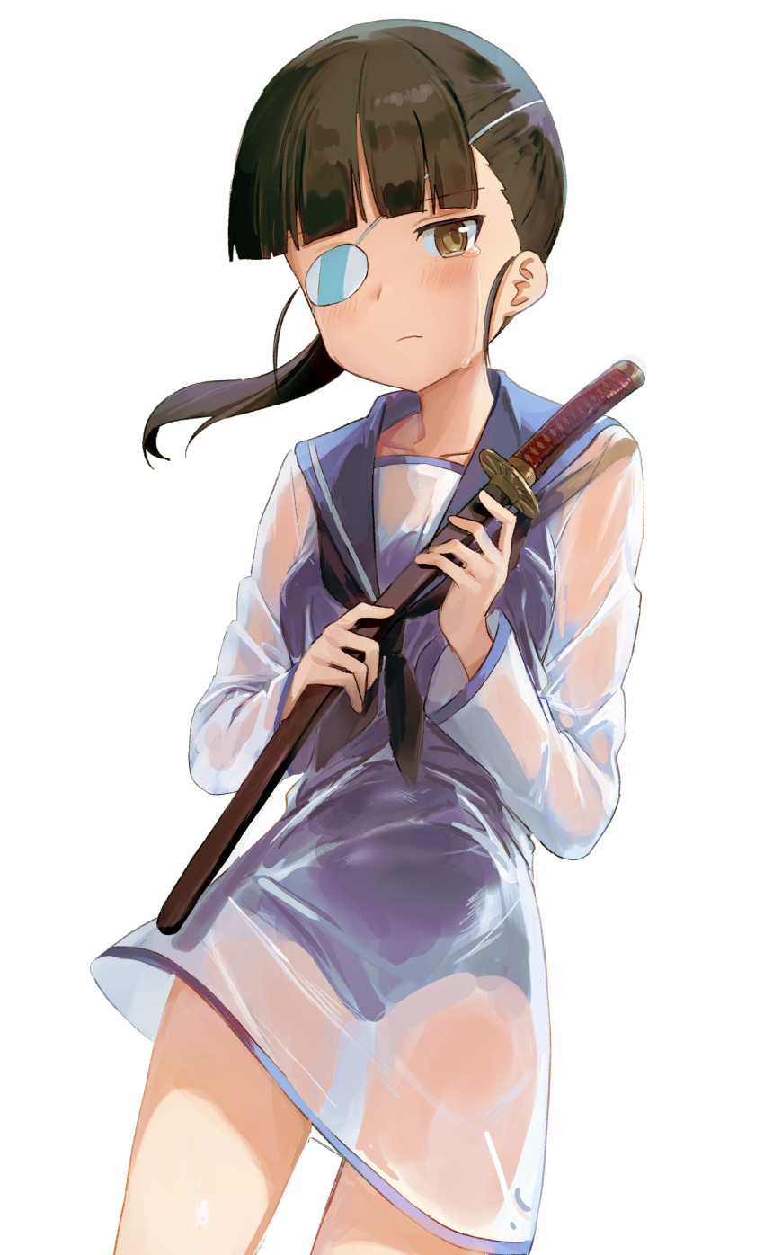 1girl bangs black_hair blue_swimsuit blunt_bangs brown_eyes cowboy_shot dress highres holding holding_sword holding_weapon katana looking_at_viewer mejina ponytail sailor_dress sakamoto_mio school_swimsuit see-through simple_background solo strike_witches swimsuit swimsuit_under_clothes sword weapon white_background white_dress world_witches_series