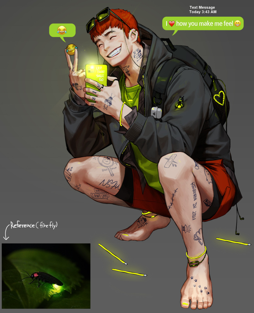 1boy anklet backpack bag barefoot black_jacket closed_eyes emoji english_text eyebrow_piercing eyewear_on_head feet glowing glowstick green_shirt grey_background heart highres holding jacket jewelry long_sleeves male_focus original parted_lips personification piercing red_shorts redhead rinotuna shirt short_hair shorts smile solo squatting sunglasses tattoo toes yellow_nails