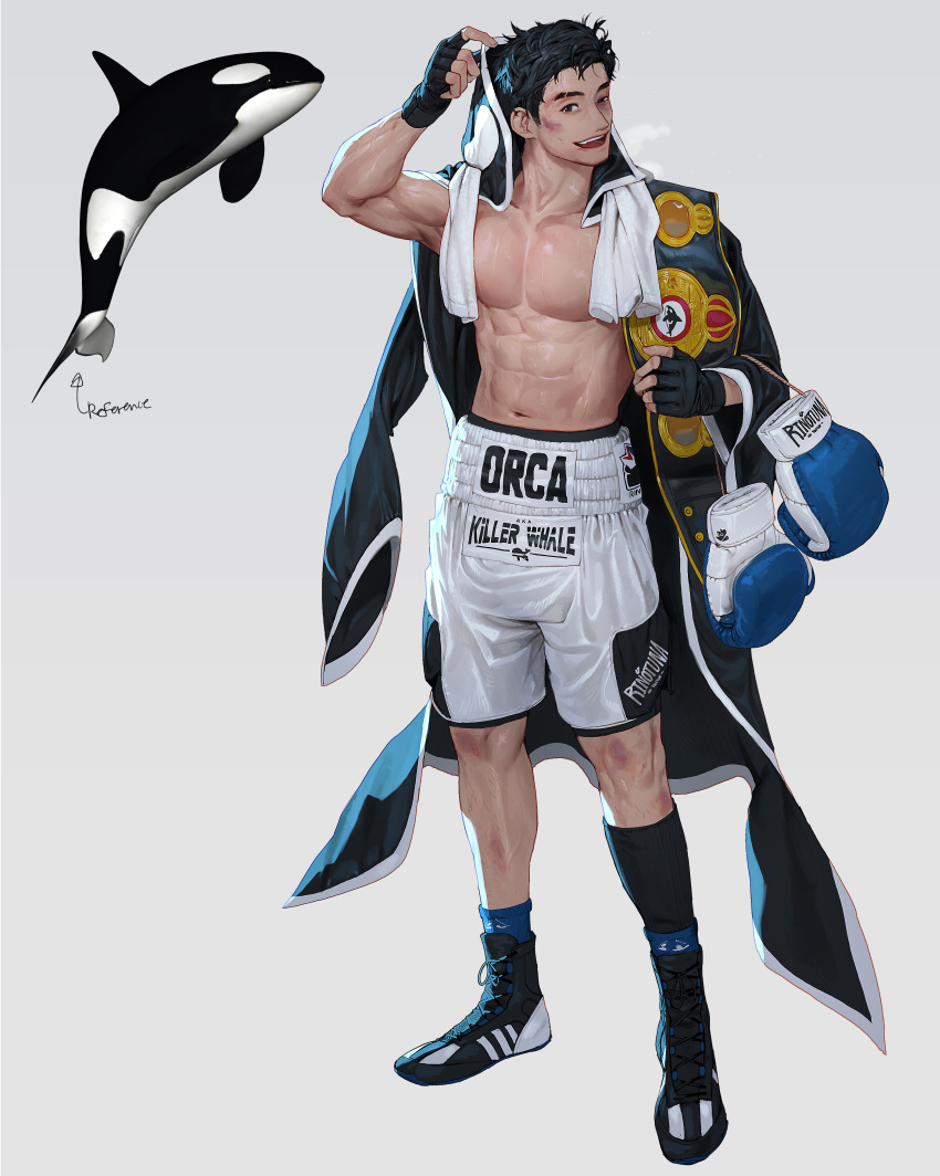 1boy abs absurdres arm_up bare_pectorals black_footwear black_gloves black_hair boxing_gloves commentary_request fingerless_gloves full_body gloves highres korean_commentary male_focus muscular muscular_male navel open_mouth orca original pectorals personification rinotuna shoes short_hair shorts simple_background smile solo standing sweat white_background white_shorts wrestling_outfit