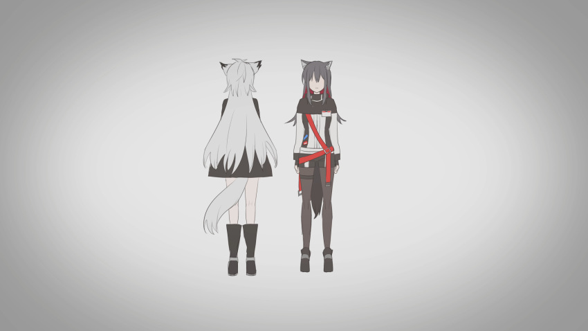 2girls animal_ear_fluff animal_ears arknights bangs black_footwear black_gloves black_hair black_jacket black_legwear black_shorts boots chihuri closed_mouth facing_away facing_viewer fingerless_gloves gloves gradient gradient_background grey_background grey_hair highres jacket lappland_(arknights) legwear_under_shorts long_hair long_sleeves multicolored_hair multiple_girls pantyhose redhead short_shorts shorts standing tail texas_(arknights) two-tone_hair very_long_hair white_jacket