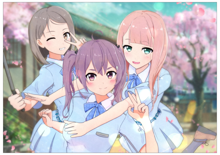 22/7 3girls bangs bow brown_eyes brown_hair cherry_blossoms furoggu-gaburi hair_ornament hiiragi_tsubomi kamiki_mikami long_hair looking_at_viewer multiple_girls pink_hair purple_hair school_uniform shirt short_hair skirt smile toujou_yuuki twintails violet_eyes