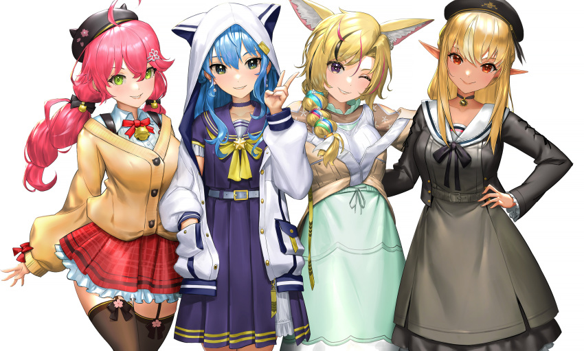 4girls ahoge animal_ear_headwear animal_ears animal_hood bangs bell belt beret black_choker black_hair black_headwear black_jacket black_legwear black_neckwear blonde_hair blue_eyes blush breasts brown_jacket brown_shirt cardigan choker closed_mouth clothing_cutout commentary cowboy_shot cropped_jacket dark-skinned_female dark_skin dress earrings english_commentary eyelashes flat_chest flower fox_ears frilled_skirt frills garter_straps green_eyes green_hair green_skirt grey_belt grey_dress hair_between_eyes hair_flower hair_ornament hair_over_one_eye hairclip hand_in_pocket hand_on_hip hat highres hololive hood hood_up hooded_jacket hoshimachi_suisei jacket jewelry jingle_bell light_blue_hair long_hair long_sleeves looking_at_viewer makeup mascara medium_breasts medium_hair miniskirt mixed-language_commentary multicolored_hair multiple_girls neck_bell neck_ribbon official_alternate_costume omaru_polka one_eye_closed open_clothes open_jacket parted_bangs parted_lips pearl_earrings pink_hair plaid plaid_skirt pleated_skirt pointy_ears purple_choker purple_shirt purple_skirt red_eyes red_neckwear red_skirt ribbon sailor_collar sakura_miko school_uniform serafuku shiranui_flare shirt shirt_tucked_in short_sleeves shoulder_cutout side-by-side sidelocks simple_background skirt smile star_(symbol) star_in_eye streaked_hair sunkilow symbol_in_eye thigh-highs twintails two-tone_hair v vest violet_eyes virtual_youtuber white_background white_belt white_jacket white_shirt white_vest yellow_cardigan zettai_ryouiki