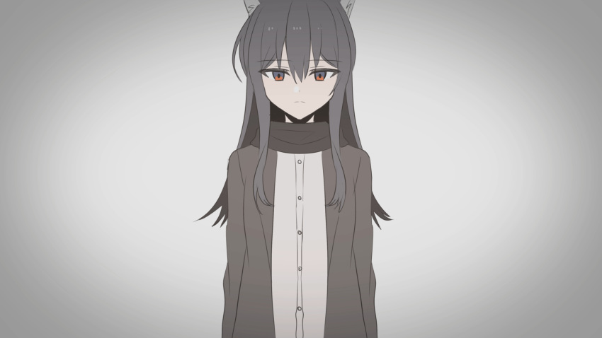 1girl animal_ear_fluff animal_ears arknights bangs black_hair black_jacket black_scarf brown_eyes chihuri closed_mouth eyebrows_visible_through_hair gradient gradient_background grey_background hair_between_eyes highres jacket long_hair looking_at_viewer open_clothes open_jacket scarf solo texas_(arknights)