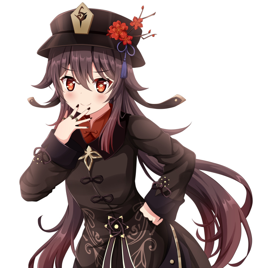 1girl bangs black_hair black_headwear black_jacket black_nails breasts brown_hair closed_mouth commentary_request eyebrows_visible_through_hair flower flower-shaped_pupils genshin_impact gradient_hair hair_between_eyes hat hat_flower highres hu_tao_(genshin_impact) jacket jewelry koyuki_(azumaya999) long_hair long_sleeves looking_at_viewer multicolored_hair nail_polish red_eyes red_shirt ring shirt simple_background sleeves_past_wrists small_breasts smile solo symbol-shaped_pupils very_long_hair white_background