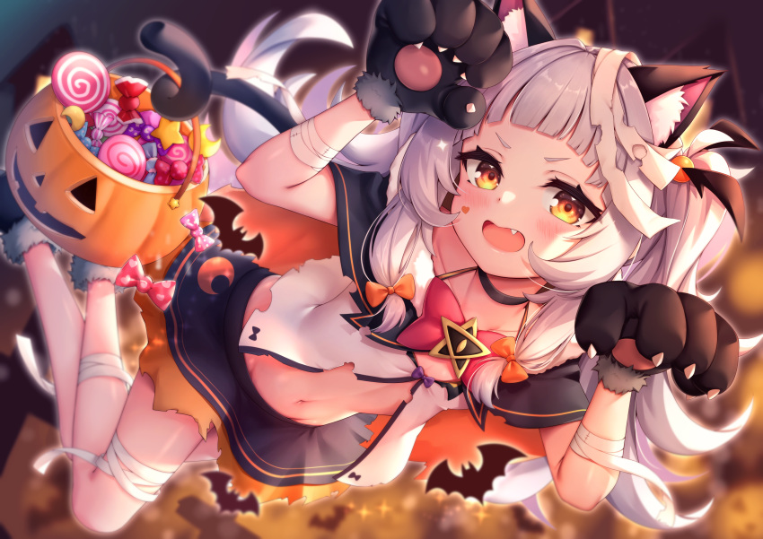 1girl absurdres animal_ear_fluff animal_ears animal_hands arata_(xin) bandaged_arm bandaged_leg bandages bangs blunt_bangs blush breasts candy cat_ears cat_girl cat_tail choker collarbone fang food gloves halloween halloween_bucket halloween_costume hat highres hololive jack-o'-lantern long_hair looking_at_viewer miniskirt murasaki_shion navel open_mouth paw_gloves paw_pose shirt silver_hair skirt small_breasts smile solo tail torn_clothes torn_shirt torn_skirt twintails virtual_youtuber yellow_eyes