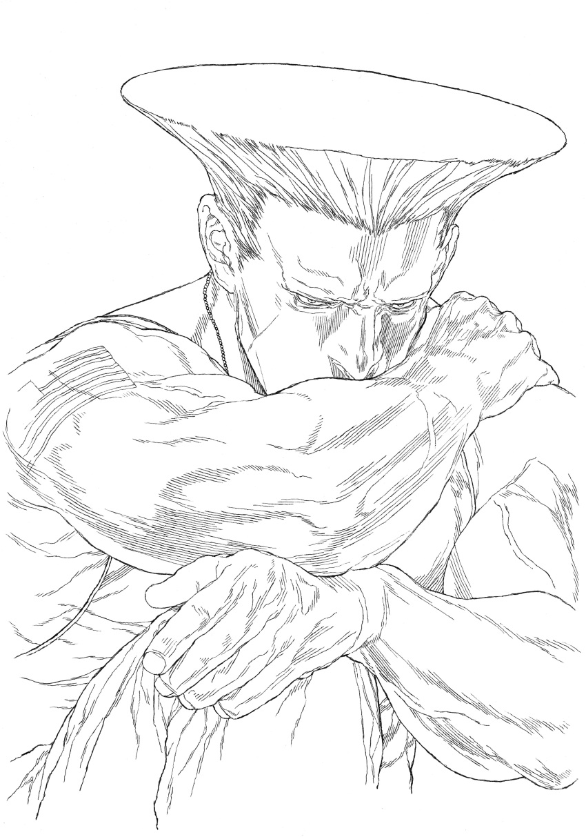 1boy absurdres american_flag american_flag_tattoo furrowed_brow graphite_(medium) greyscale guile highres male_focus mature_male monochrome muscular muscular_male street_fighter traditional_media yoshihara_motoki