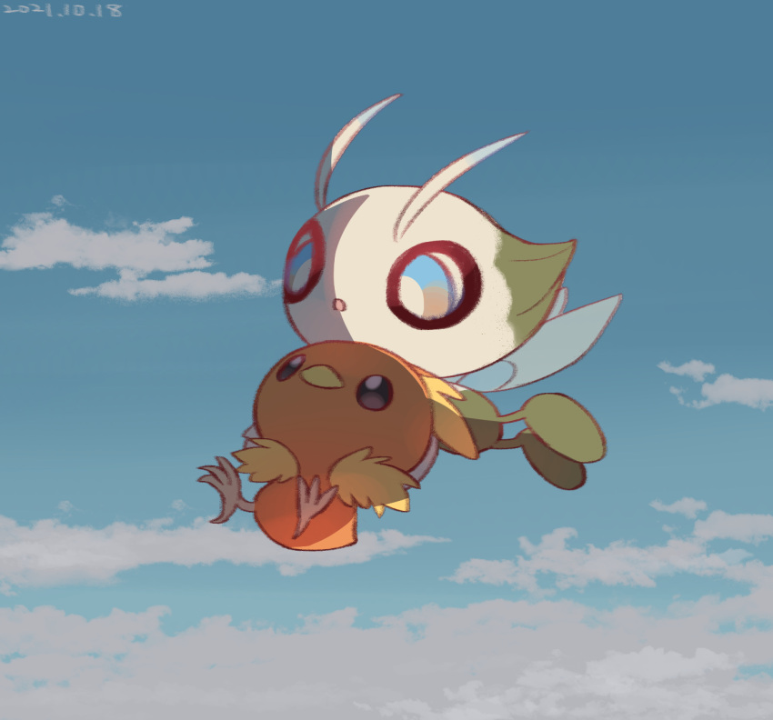 blue_eyes bright_pupils celebi clouds commentary_request dated day highres holding holding_pokemon leels looking_down no_humans outdoors pokemon pokemon_(creature) sky torchic white_pupils