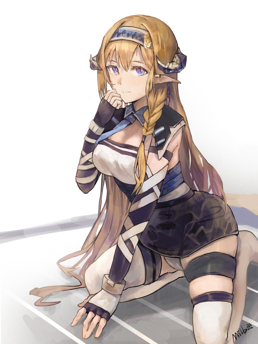1girl absurdres arknights bangs black_gloves blonde_hair blue_eyes blue_hairband braid breasts commentary elbow_gloves fingerless_gloves gloves hairband hand_up highres horns large_breasts long_hair looking_at_viewer milbi pointy_ears saileach_(arknights) seiza sitting solo thigh-highs thigh_strap thighs very_long_hair white_background white_legwear