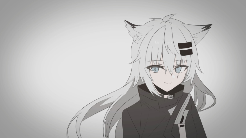 1girl animal_ear_fluff animal_ears arknights bangs black_jacket blue_eyes chihuri closed_mouth eyebrows_visible_through_hair gradient gradient_background grey_background grey_hair hair_between_eyes hair_ornament hairclip highres jacket lappland_(arknights) long_hair looking_at_viewer smile solo upper_body