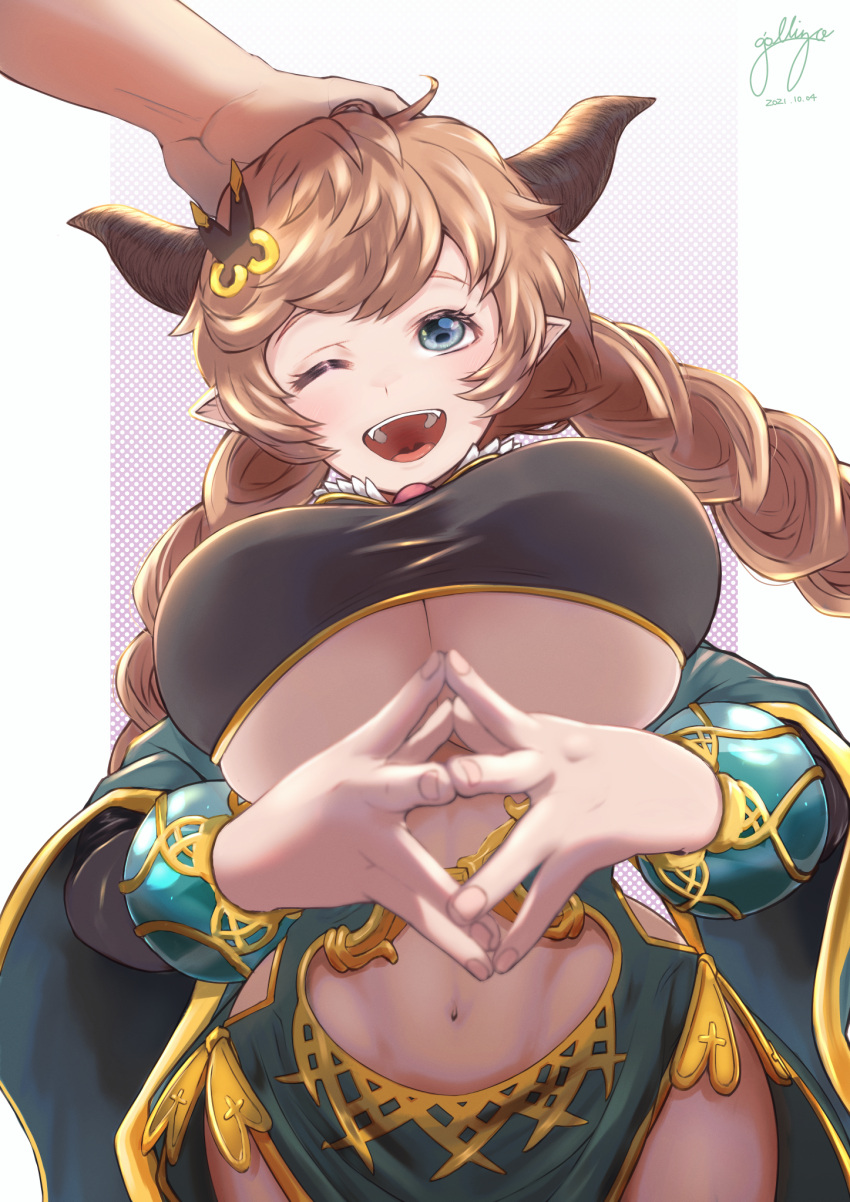 1girl :d blue_eyes bracelet braid breasts carmelina_(granblue_fantasy) clothing_cutout draph gollizo granblue_fantasy headpat highres hip_vent horns jewelry large_breasts light_brown_hair long_hair one_eye_closed pointy_ears side_slit signature smile solo_focus stomach stomach_cutout twin_braids under_boob upper_body