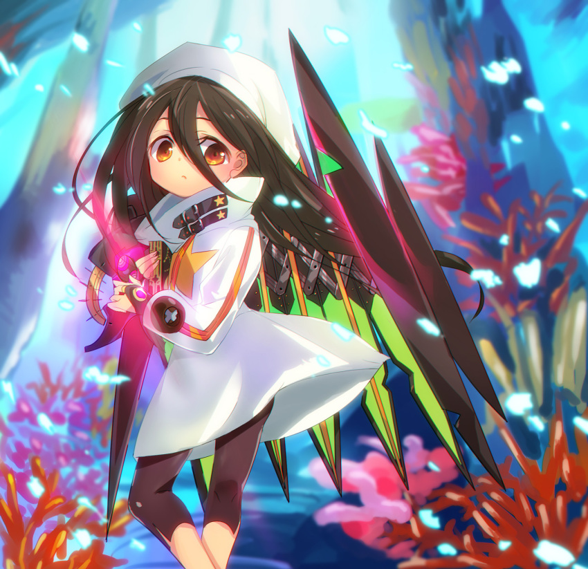 1girl brown_hair coat coral feet_out_of_frame hair_between_eyes hakka_(nikiniki507) highres long_hair long_sleeves orange_hair sekaiju_no_meikyuu sekaiju_no_meikyuu_3 solo star_(symbol) underwater white_coat zodiac_2_(sekaiju)