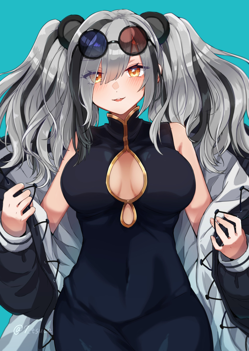 1girl absurdres animal_ears arknights black_dress black_hair black_jacket blue-tinted_eyewear blue_background blush breasts china_dress chinese_clothes cleavage_cutout clothing_cutout commentary_request covered_navel cowboy_shot dress eyebrows_visible_through_hair eyewear_on_head feater_(arknights) grey_hair highres jacket large_breasts looking_at_viewer multicolored_hair nanatsuka off_shoulder open_clothes open_jacket panda_ears parted_lips red-tinted_eyewear simple_background sleeveless sleeveless_dress solo straight-on streaked_hair sunglasses thick_eyebrows tinted_eyewear twintails twitter_username upper_body yellow_eyes