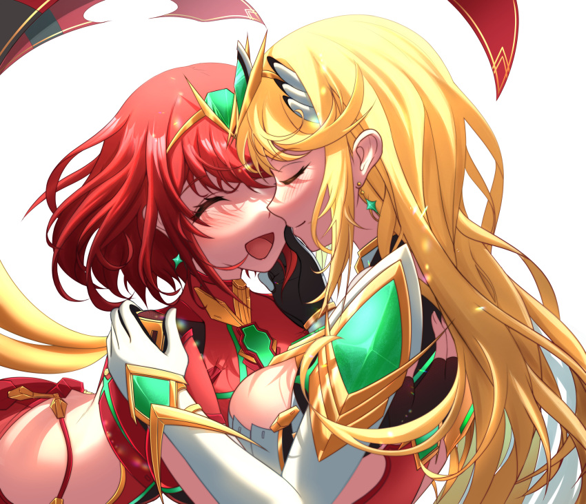 2girls :d bangs black_gloves blonde_hair bob_cut closed_eyes closed_mouth commission earrings elbow_gloves fingerless_gloves gauntlets gloves highres hug jewelry long_hair multiple_girls mythra_(xenoblade) nithros open_mouth pants pyra_(xenoblade) redhead shirt short_hair sleeveless sleeveless_shirt smile split_mouth tiara vest white_background white_gloves xenoblade_chronicles_(series) xenoblade_chronicles_2