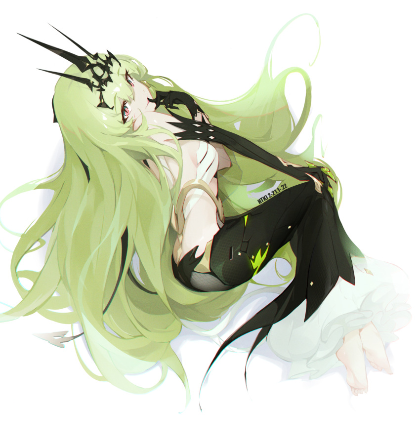 1girl absurdres asymmetrical_gloves barefoot black_dress black_gloves breasts claw_ring commentary dress eyebrows_visible_through_hair eyes_visible_through_hair finger_to_mouth gloves green_hair headpiece heitian_keji highres honkai_(series) honkai_impact_3rd long_hair looking_at_viewer mismatched_gloves mobius_(honkai_impact) sleeveless sleeveless_dress soles solo uneven_gloves very_long_hair watermark