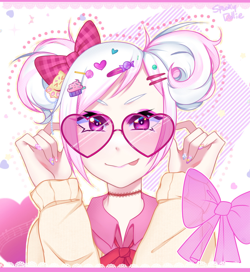 1girl absurdres bow candy_hair_ornament decora decorations food-themed_hair_ornament gyaru hair_bow hair_ornament heart heart-shaped_eyewear highres kogal looking_at_viewer md5_mismatch nail_art nail_polish original pink_background pink_eyes spooky-dollie sunglasses sweater tongue tongue_out white_hair