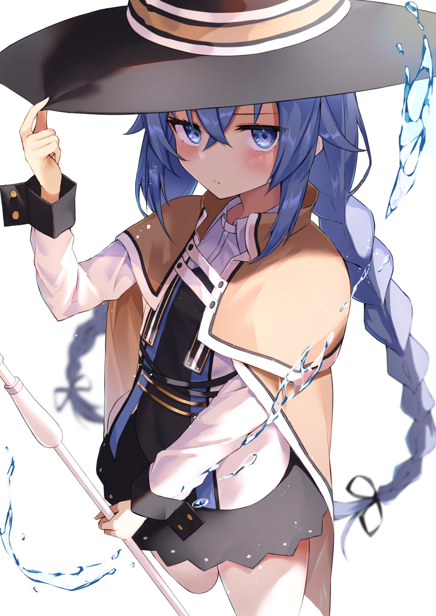 1girl absurdres black_headwear blue_eyes blue_hair blush braid brown_cape cape glaring hair_between_eyes hat highres holding holding_staff jitome long_hair looking_at_viewer lows. mushoku_tensei roxy_migurdia simple_background solo staff thighs twin_braids white_background witch_hat