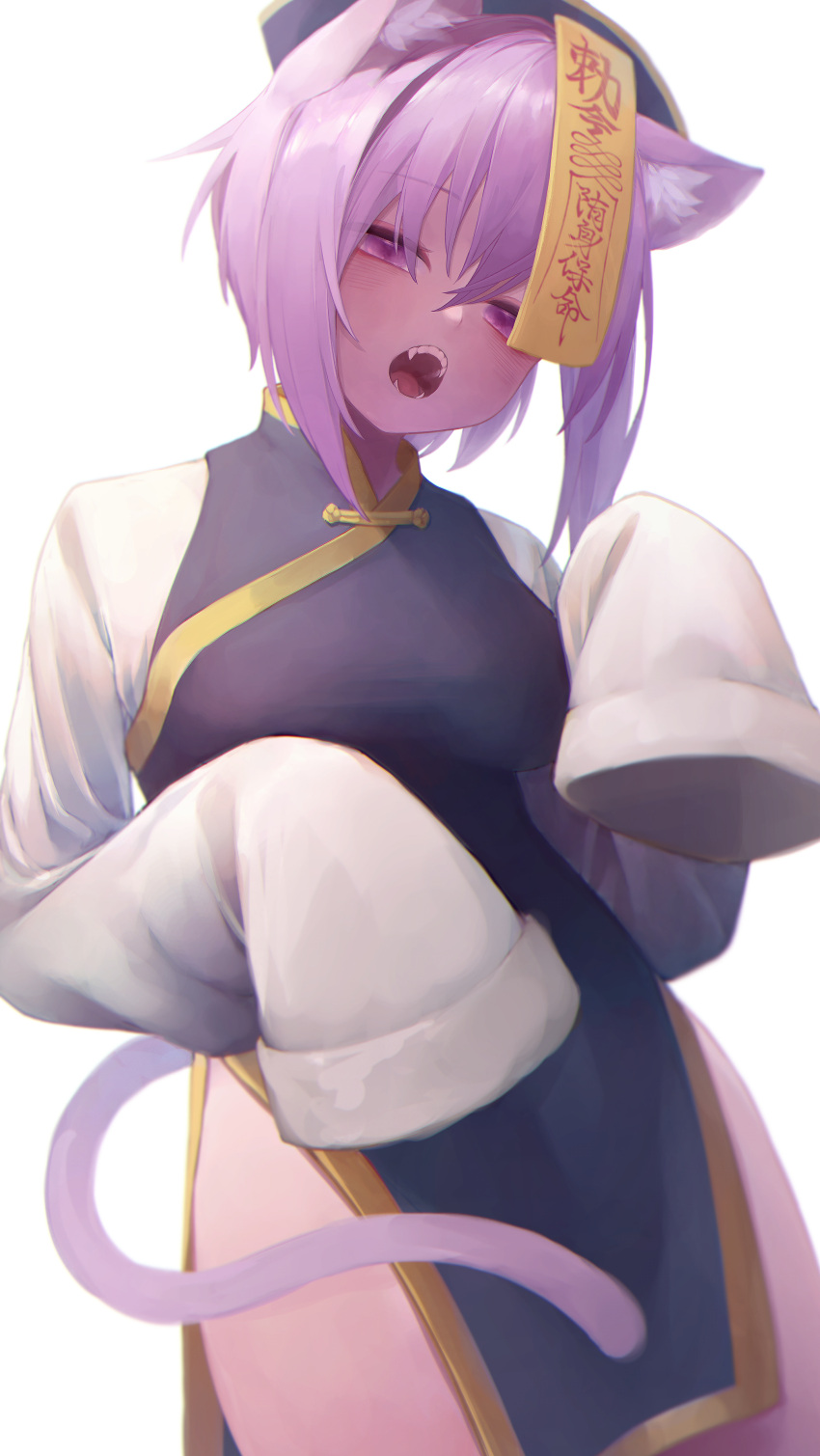 1girl absurdres animal_ears cat_ears cat_girl chinese_clothes eyebrows_visible_through_hair fangs hair_between_eyes hat highres hololive jiangshi nanome_to nekomata_okayu ofuda open_mouth outstretched_arms purple_hair qing_guanmao short_hair solo tail talisman violet_eyes virtual_youtuber zombie_pose