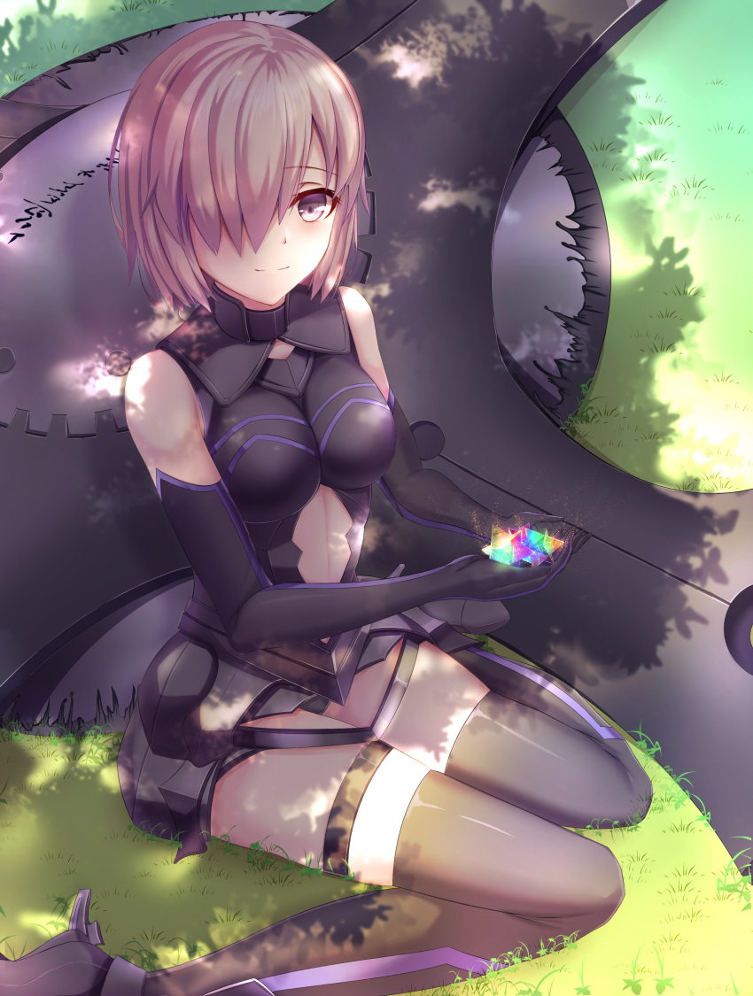 1girl absurdres armor bangs bare_shoulders black_gloves crystal elbow_gloves fate/grand_order fate_(series) gloves grass hair_over_one_eye highres lanceralter1 looking_at_viewer mash_kyrielight pink_eyes pink_hair shadow shield short_hair sitting smile solo wariza