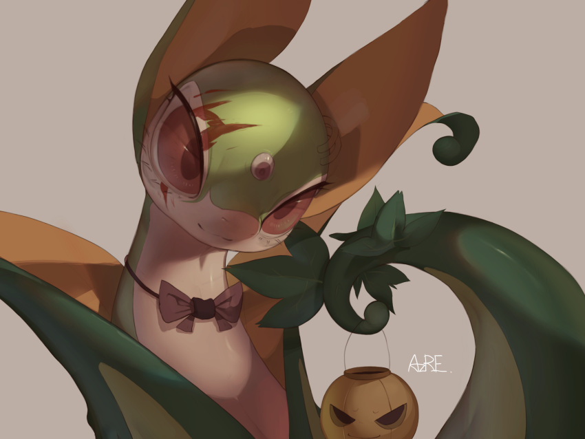 azre bow bowtie closed_mouth commentary_request grey_background halloween_bucket highres no_humans pokemon pokemon_(creature) red_eyes serperior shiny signature simple_background smile solo
