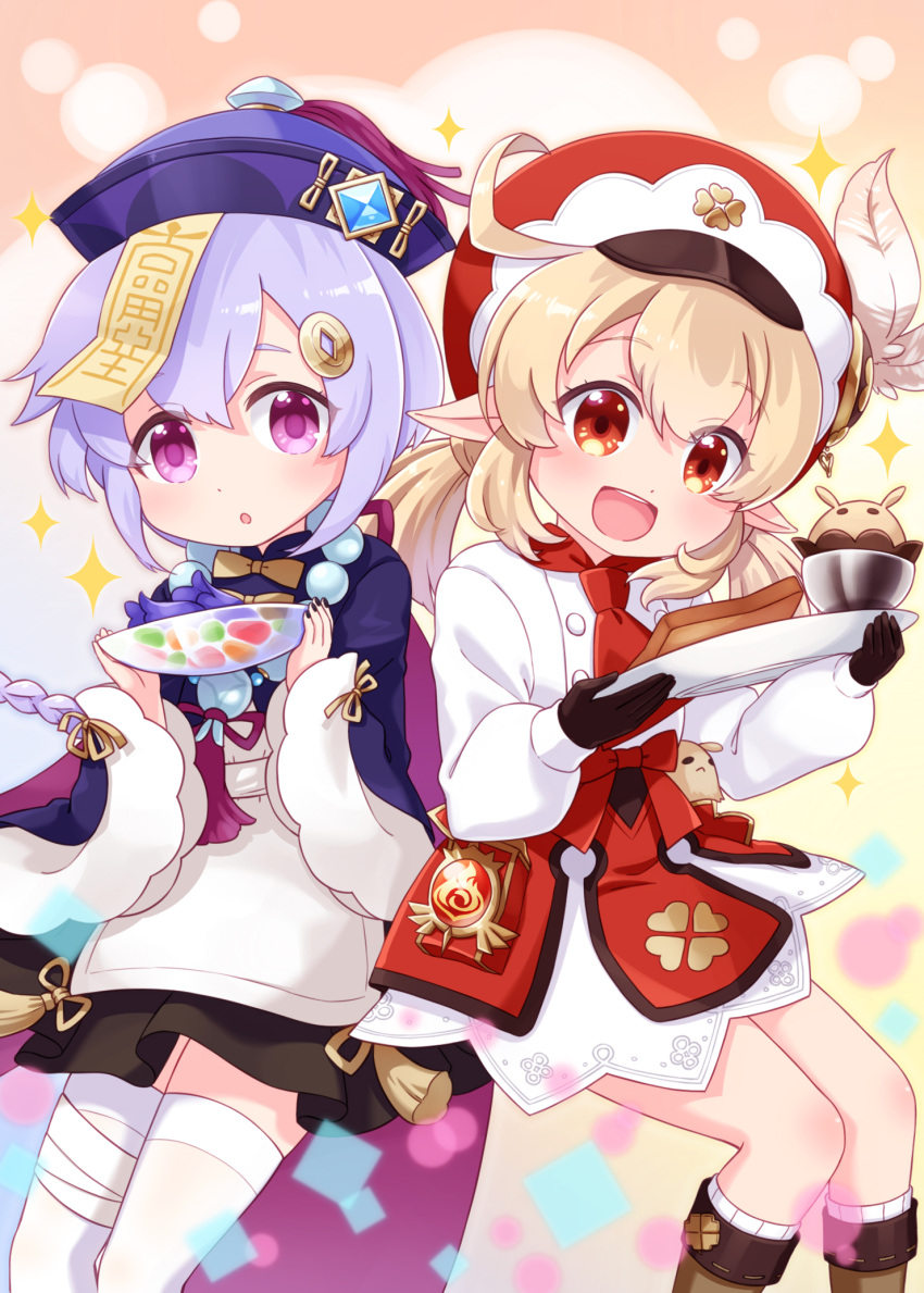 2girls :d :o adapted_costume ahoge apron bangs black_gloves black_skirt blonde_hair boots bowl braid bread brown_footwear cabbie_hat commentary_request eyebrows_visible_through_hair feathers food genshin_impact gloves hair_between_eyes hair_ornament harada_(sansei_rain) hat hat_feather highres holding holding_bowl holding_tray japanese_clothes kimono klee_(genshin_impact) kneehighs long_hair long_sleeves looking_at_viewer low_twintails multiple_girls ofuda parted_lips pleated_skirt puffy_long_sleeves puffy_sleeves purple_hair purple_headwear purple_kimono qing_guanmao qiqi_(genshin_impact) red_eyes red_headwear red_neckwear red_skirt ribbed_legwear shirt single_braid skirt sleeves_past_wrists smile sparkle teeth thigh-highs tray twintails upper_teeth very_long_hair violet_eyes white_apron white_feathers white_legwear white_shirt wide_sleeves